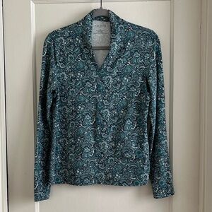 Talbots Floral Paisley Stretch Cotton Blend Top Teal Blues Shawl Collar Shirt